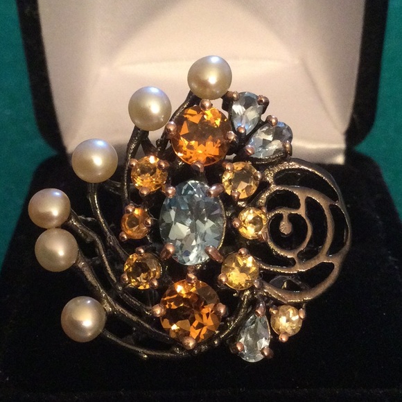 Gorgeous Genuine Citrine Blue Topaz & Pearl Ring